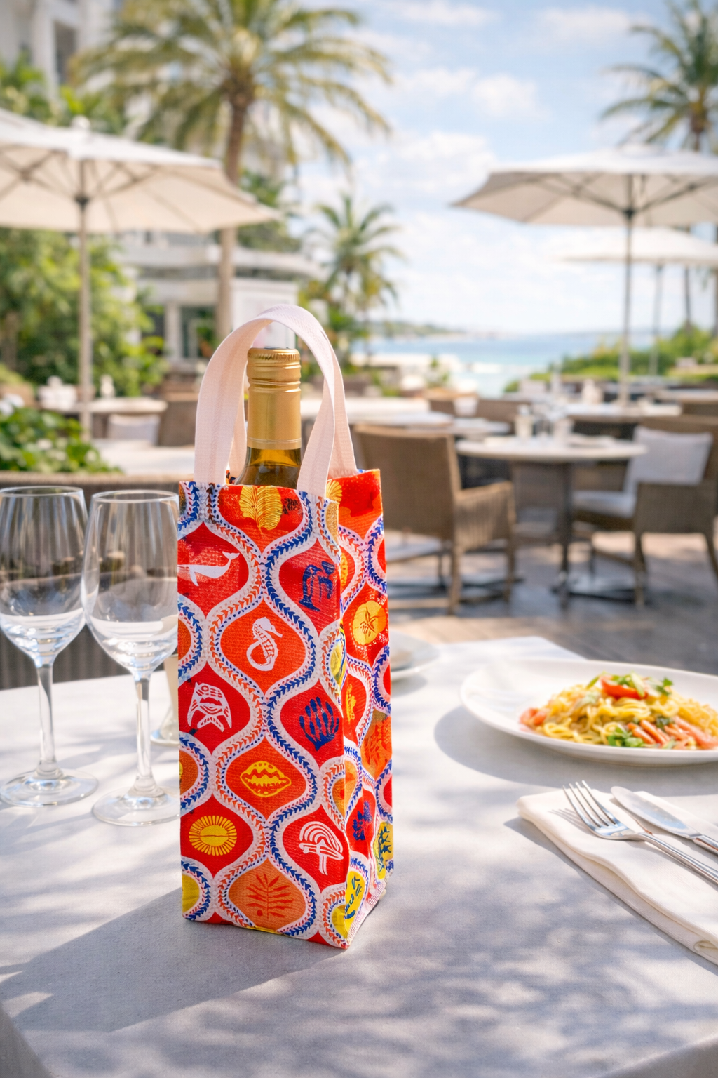 "Wine Gift Bag" aus recycelten Plastikflaschen – diverse Prints möglich