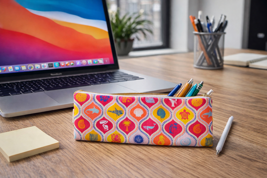 Federmappe aus recycelten Plastikflaschen in diversen Prints, auf Wunsch mit Logo