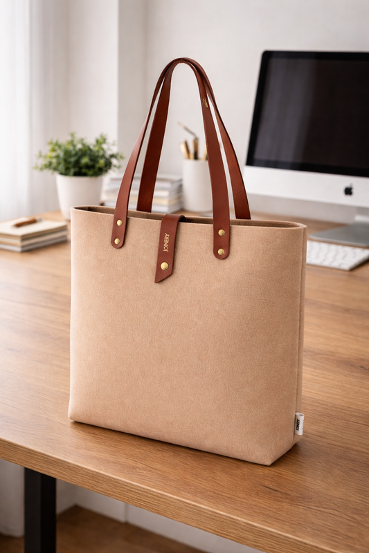 Filz Tote Bag aus recycelten Plastikflaschen mit Ledergriffen – individuell anpassbar in verschiedenen Farben