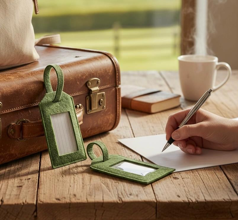 Eco-Felt Kofferanhänger aus recycelten Plastikflaschen – verschiedene Farben, auf Wunsch mit Logo